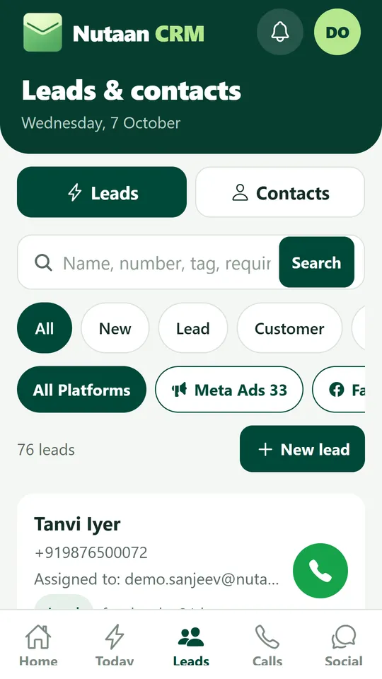 Nutaan CRM leads list filtered by source, including Meta ads