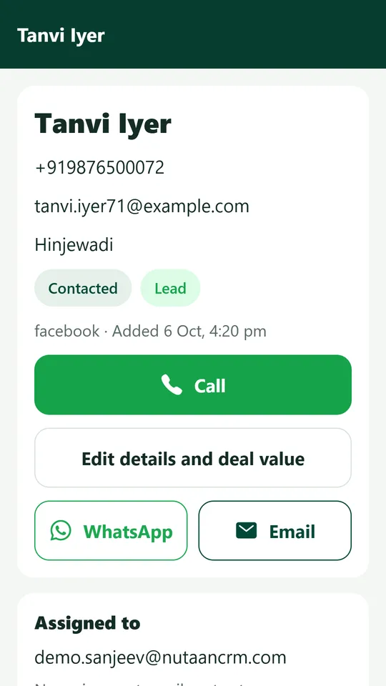 A lead record with call, WhatsApp, email and deal value