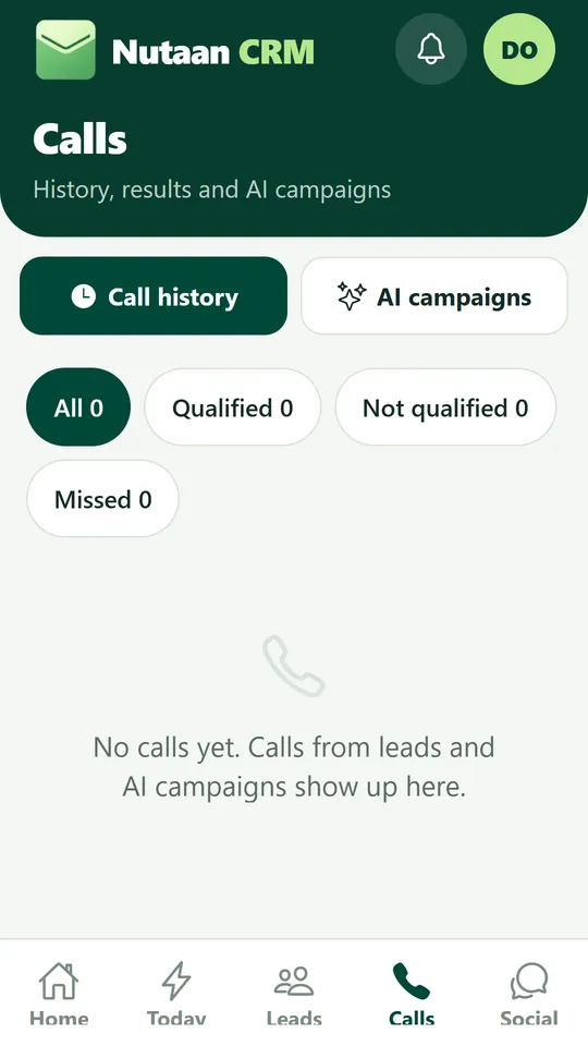 Nutaan CRM calls view with qualified, not qualified and missed filters