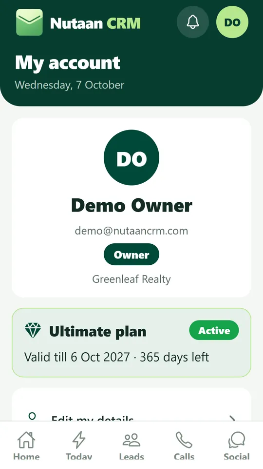 Nutaan CRM account screen