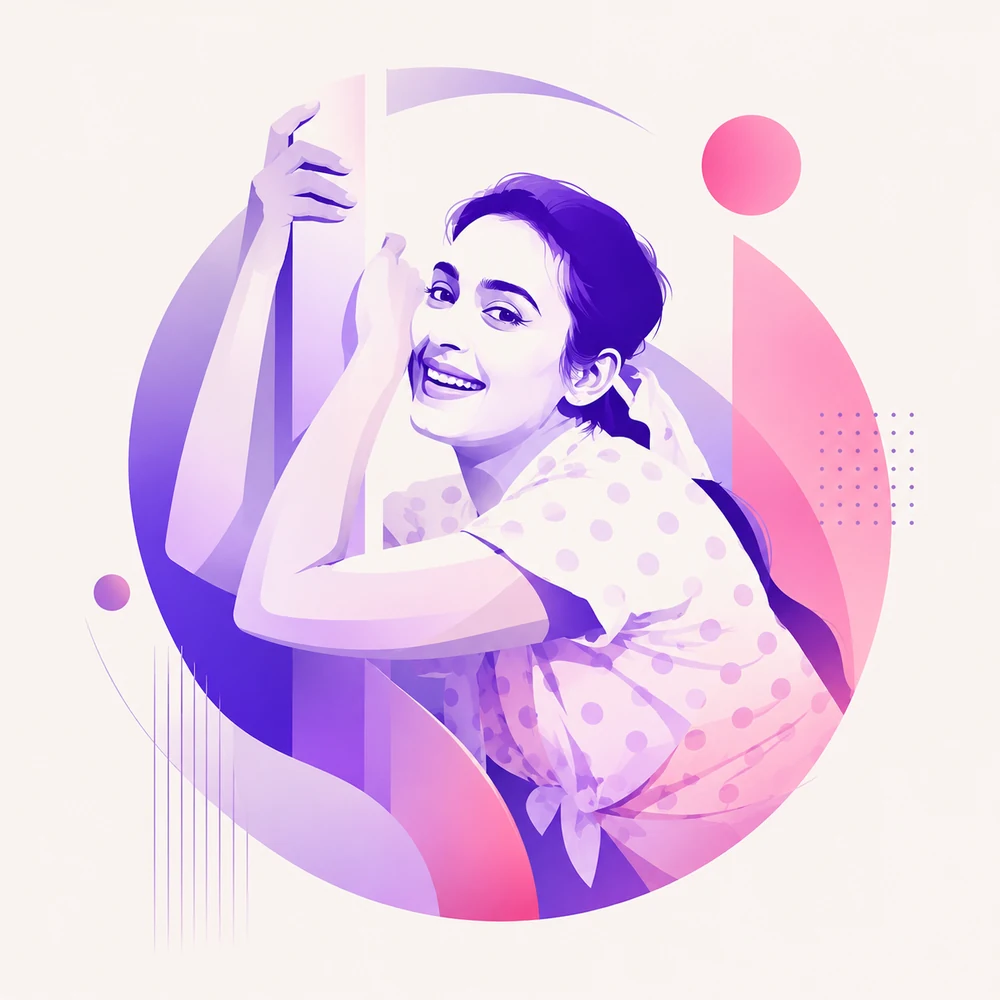 Illustration of Nutan leaning in a doorway, smiling