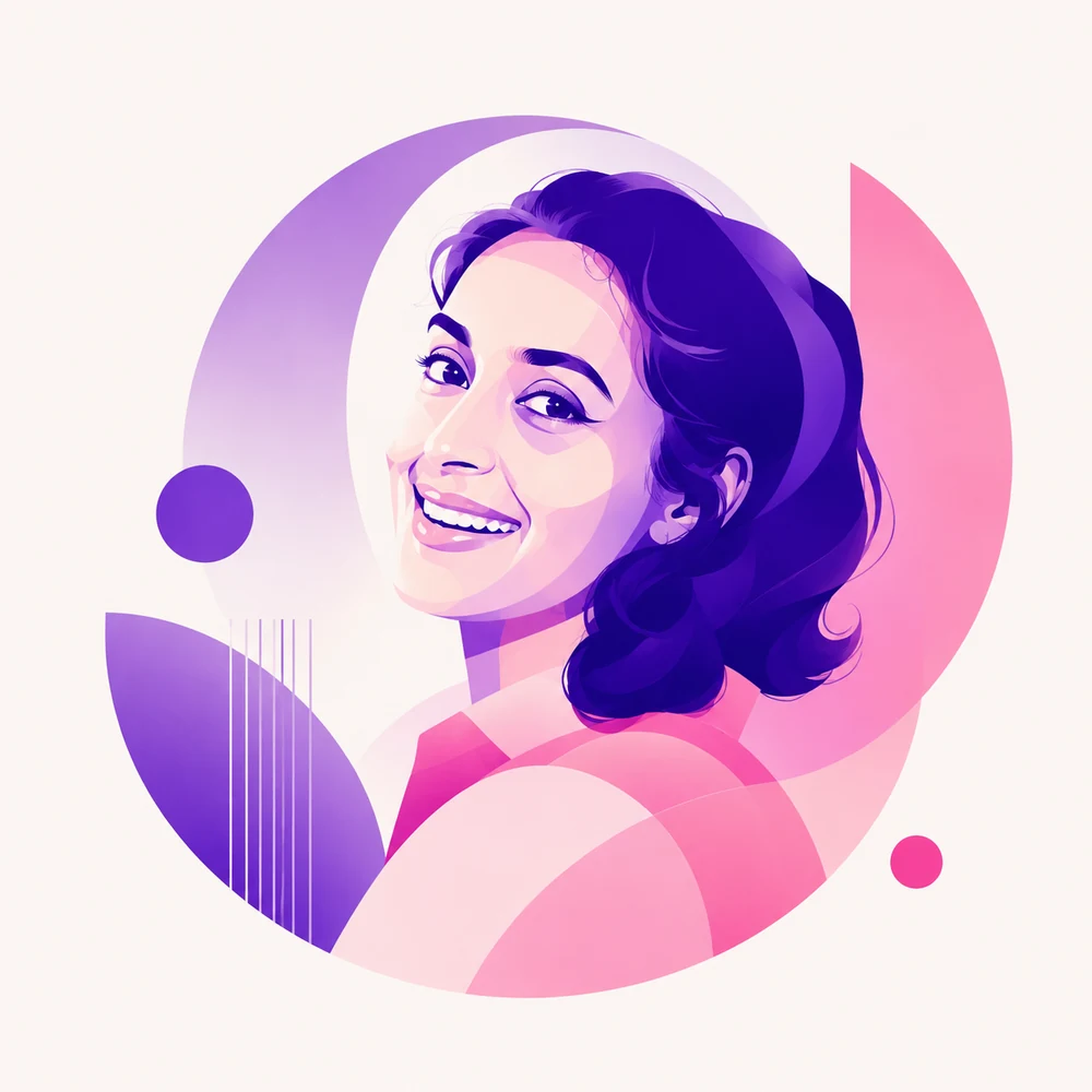 Illustration of Nutan glancing back over her shoulder